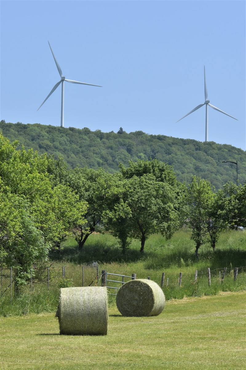 two bales of hay in a field with wind turbines in the background